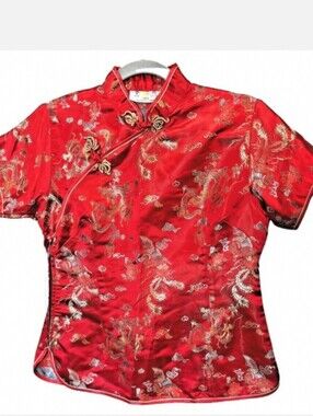 Vintage Jin Hon Red Gold Silk Chinese Top Blouse Embroidered Short Sleeve Small